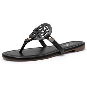 Women's Black Flip Flop Comfortable Faux Leather Flat Sandals Shoes